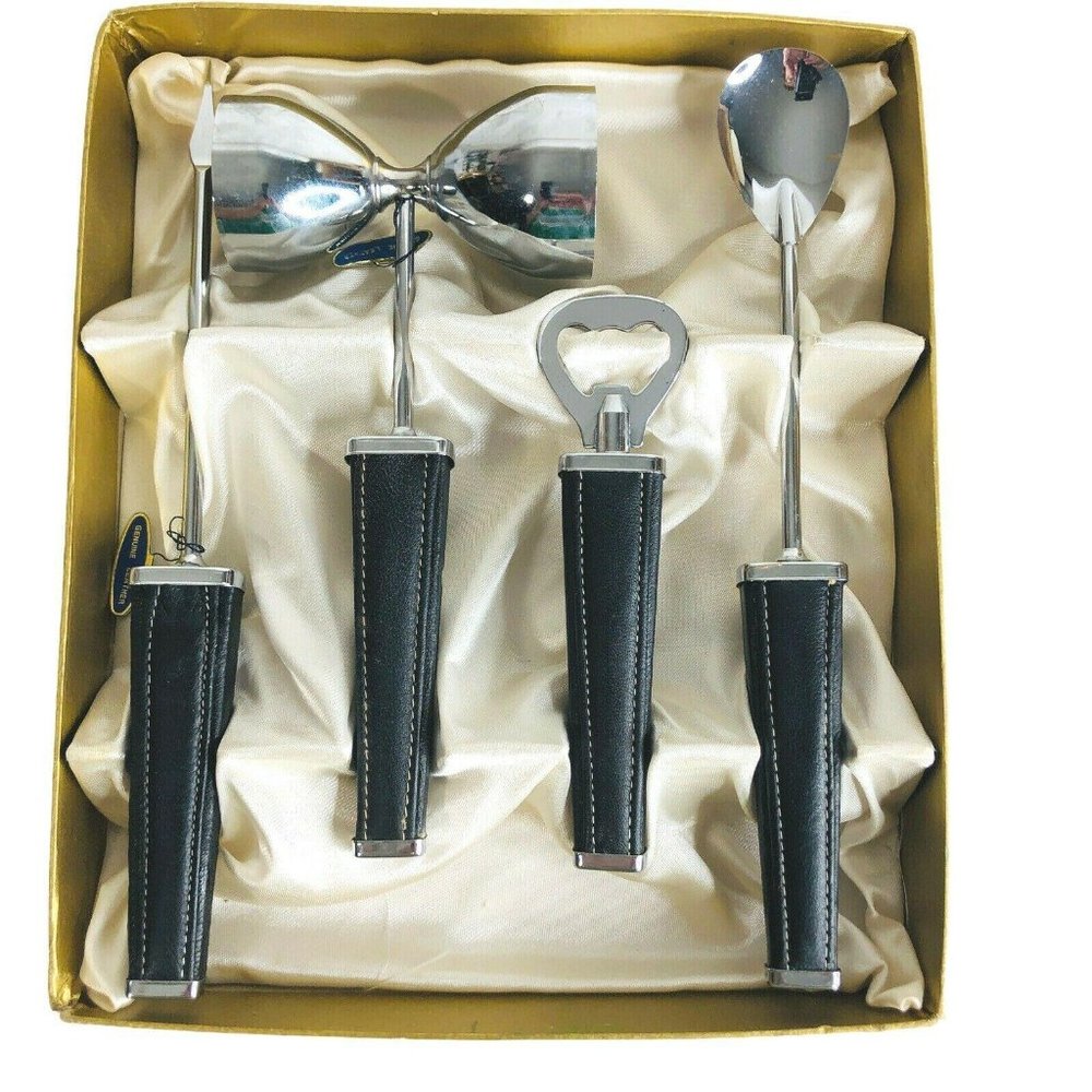 Vintage SWANK Ascot Bar Set Black Leather Silver - Picture 2 of 12
